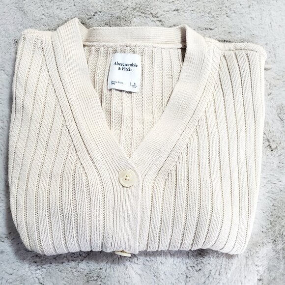 Abercrombie & Fitch Cropped Ribbed Cardigan Cream Preppy Y2K Style Sweater S - Picture 3 of 10